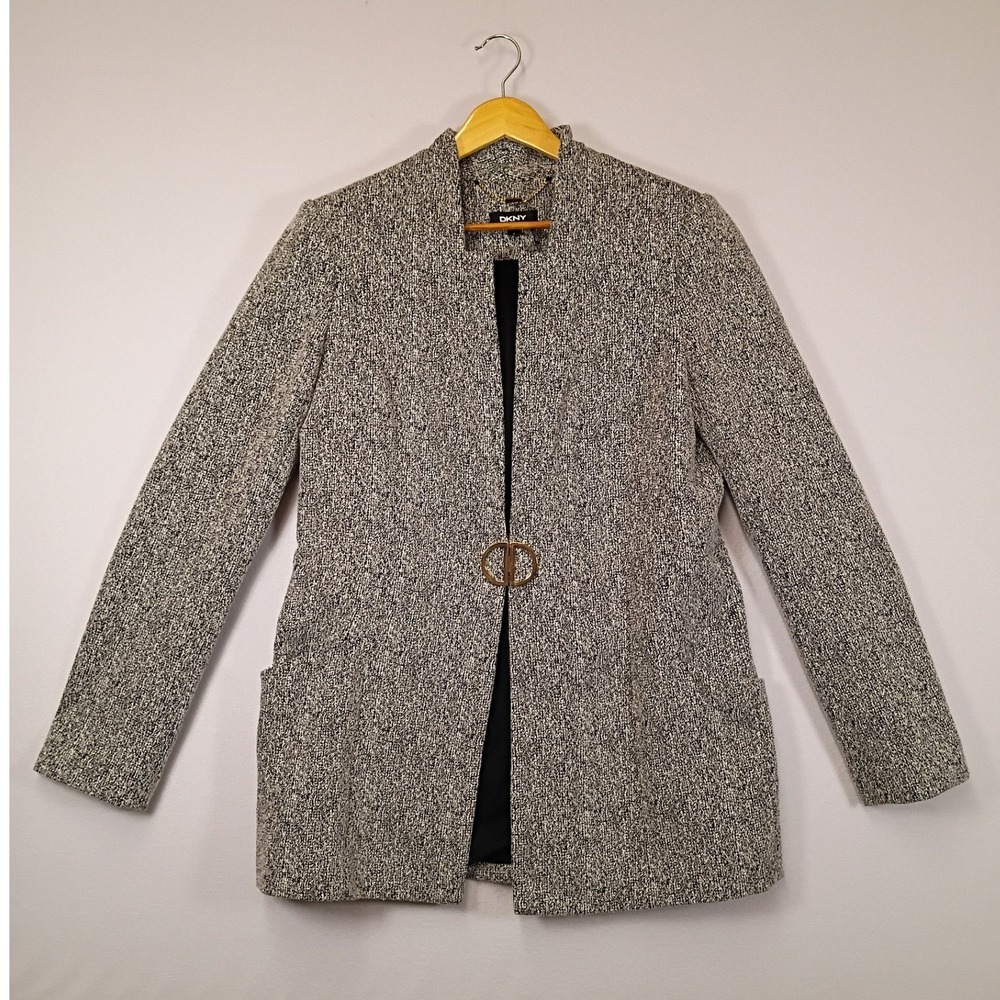 Professional DKNY Womens 8 Black White Marled Longline Buckle Blazer